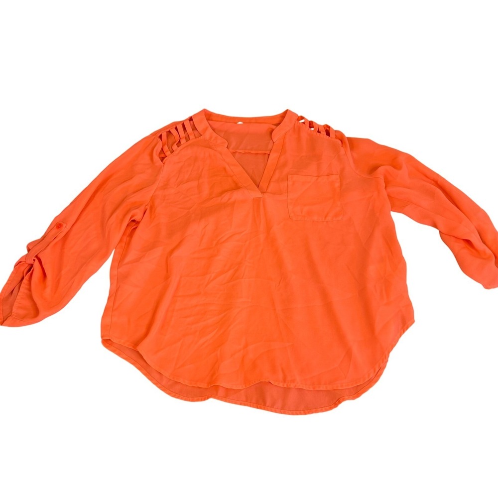 Charlotte Russe Womens XL Neon Orange Roll Tab Sleeve Shoulder Cutout Blouse